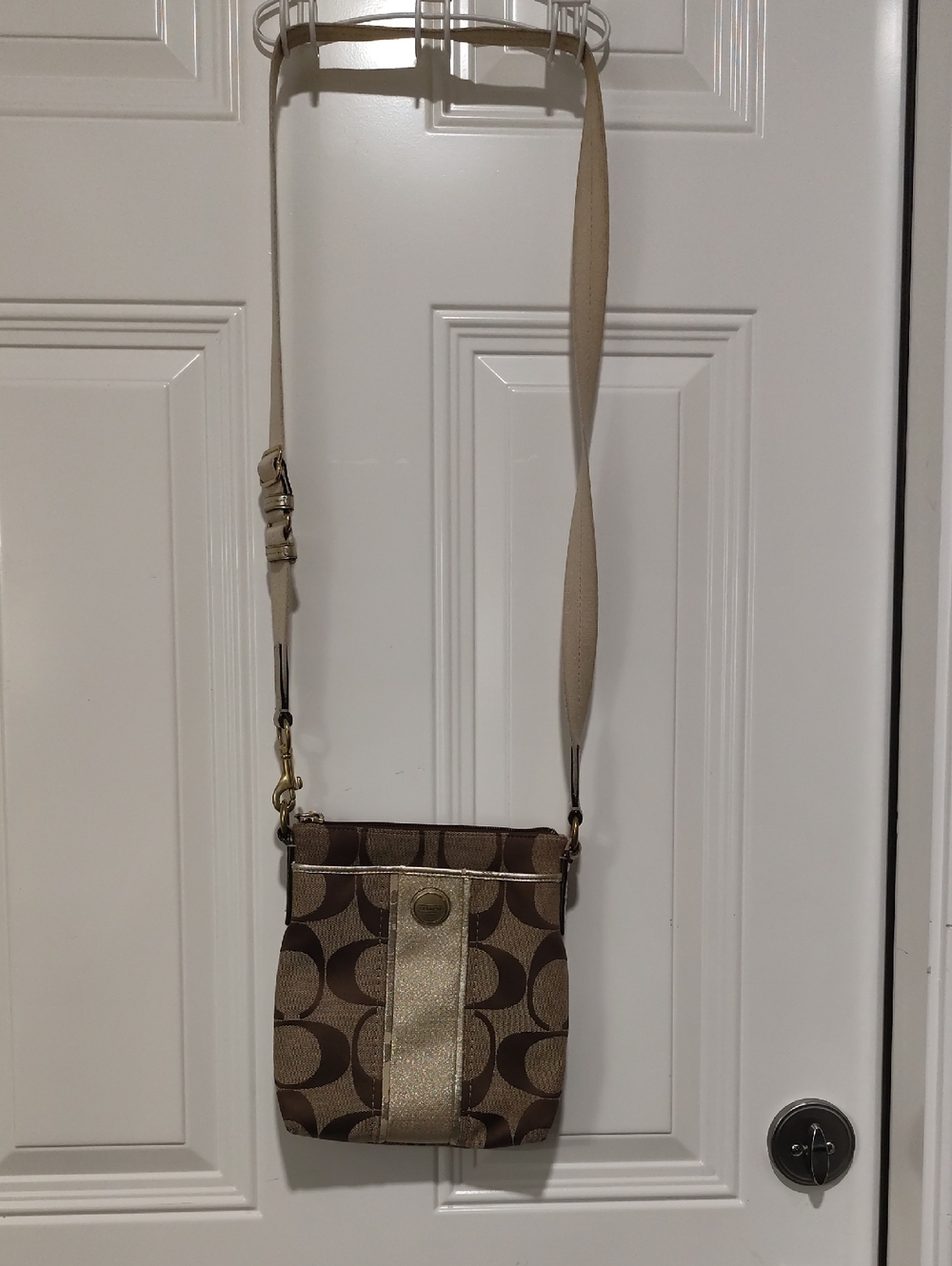 Coach Brown Signature Crossbody with Gold Stripe